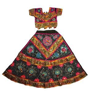 New Black Multicolor Cotton Banjara Chaniya Choli Rajasthan Beads & Embroidery